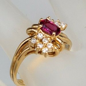 NATURAL RUBY DIAMOND CLUSTER 14K YELLOW GOLD RING